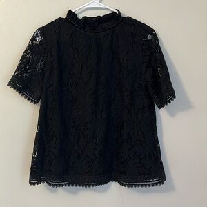 NWT Crown & Ivy black lace high necked blouse with velvet trim M